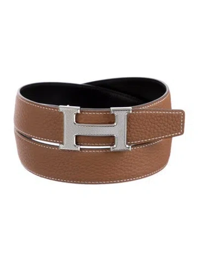Pre-owned Hermes Reversible 32 Mm H Guilloché Belt Kit In Black/brown