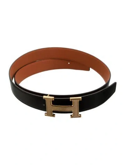 Pre-owned Hermes Reversible 32 Mm H Guilloché Belt Kit In Black/orange