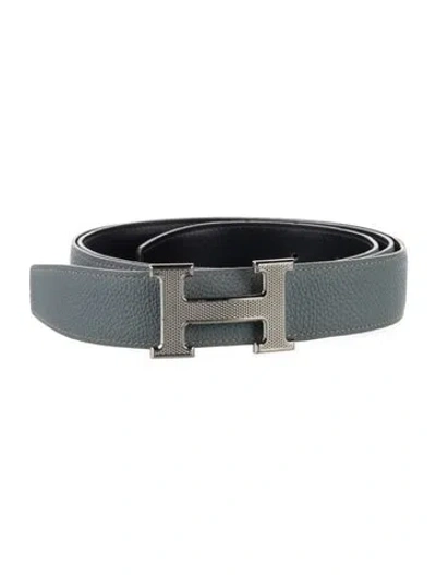 Pre-owned Hermes Reversible 32 Mm H Guilloché Belt Kit In Blue