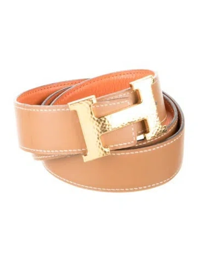 Pre-owned Hermes Reversible 32 Mm H Martelée Belt Kit In Brown/orange