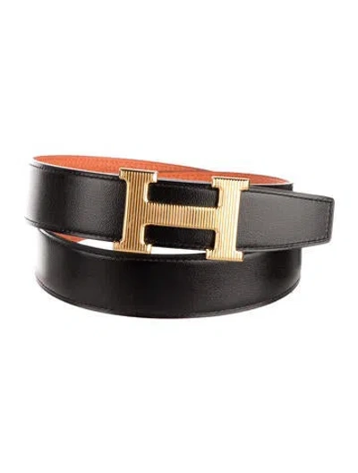 Pre-owned Hermes Reversible 32 Mm H Strié Belt Kit In Black