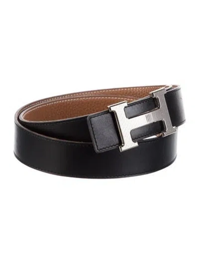 Pre-owned Hermes Reversible 32 Mm H Strié Belt Kit In Black