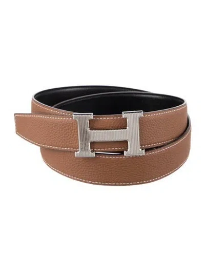 Pre-owned Hermes Reversible 32 Mm H Strié Belt Kit In Black/brown