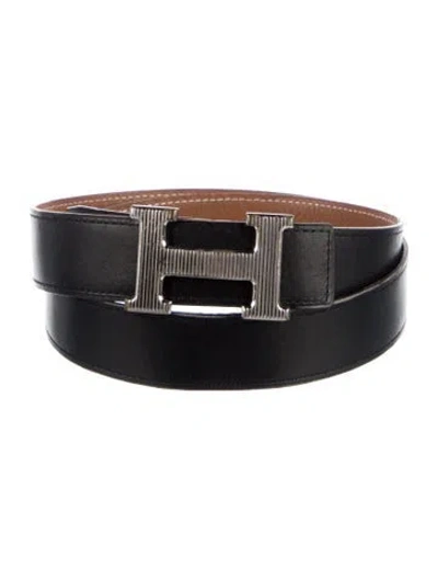 Pre-owned Hermes Reversible 32 Mm H Strié Belt Kit In Black/brown