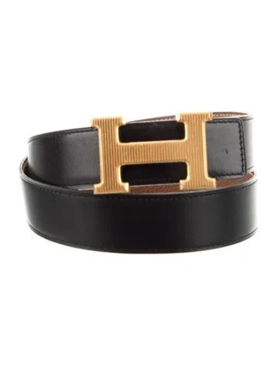 Pre-owned Hermes Reversible 32 Mm H Strié Belt Kit In Black/brown