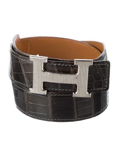 Pre-owned Hermes Reversible 32 Mm H Strié Belt Kit In Brown