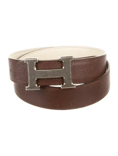 Pre-owned Hermes Reversible 32 Mm H Strié Belt Kit In Brown