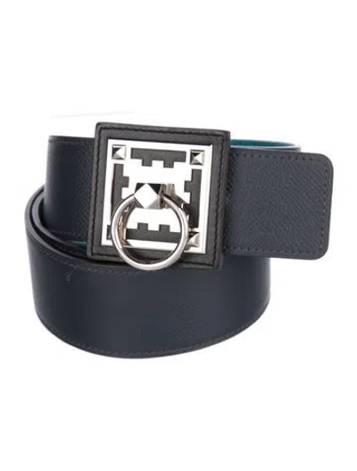 Pre-owned Hermes Reversible 42 Mm Créneaux Belt Kit In Blue/green