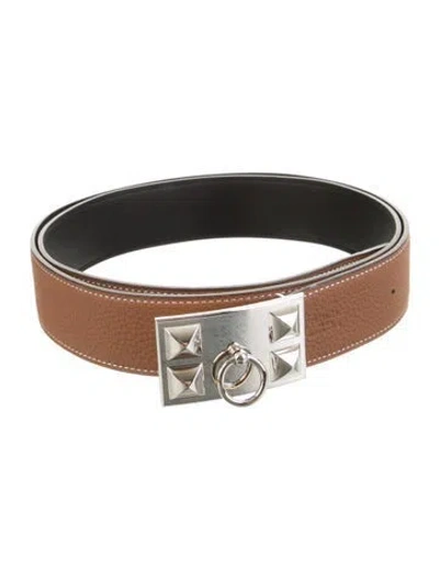 Pre-owned Hermes Reversible Box Leather Collier De Chien Belt Kit In Black/brown