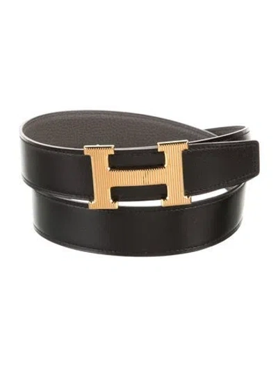 Pre-owned Hermes Reversible Box Leather H Strié Belt Kit In Multi