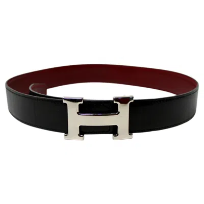 Pre-owned Hermes Hermés Reversible Constance Black & Maroon Calf & Epsom Leather Belt In Red