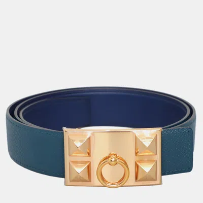 Pre-owned Hermes Reversible Leather Belt 320mm With Collider De Chien Buckle In Blue
