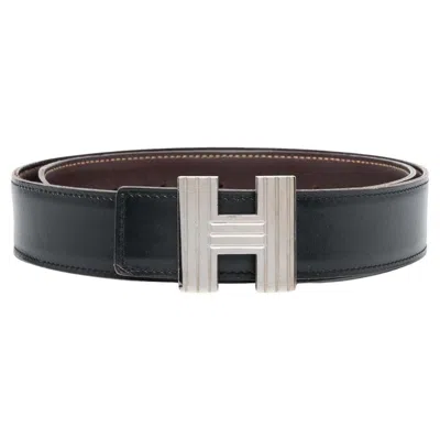 Pre-owned Hermes Hermès Reversible Leather Constance H Belt In Black