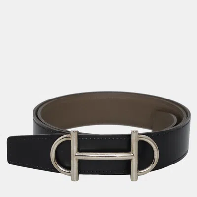 Pre-owned Hermes Reversible Leather Belt With Gamma Buckle In Black
