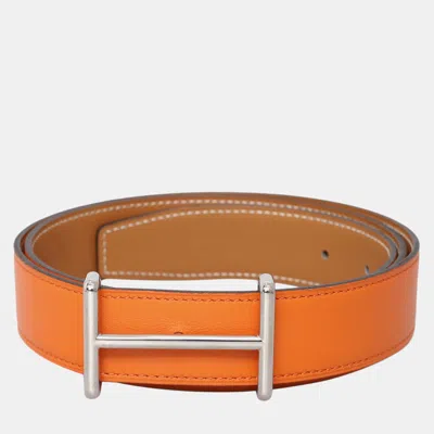 Pre-owned Hermes Reversible Leather Belt With H Buckle In Orange