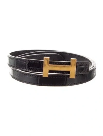 Pre-owned Hermes Reversible Porosus Crocodile H Belt Kit In Black