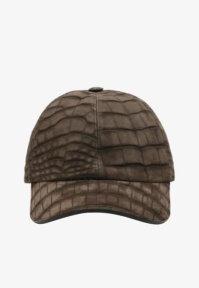 Pre-owned Hermes Riley Cap In Moka Nubuck Alligator In Brown
