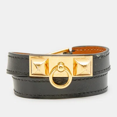 Pre-owned Hermes Rivale Black Leather Gold Plated Double Tour Bracelet