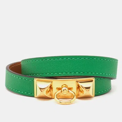 Pre-owned Hermes Hermès Rivale Double Tour Leather Gold Plated Bracelet M