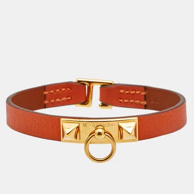 Pre-owned Hermes Rivale Leather Gold Plated Bracelet In Gray