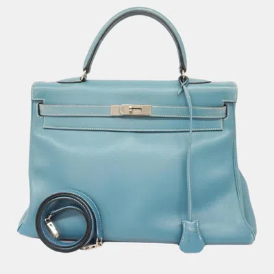 Pre-owned Hermes River Blue Jean Voga Kelly 35 C Engraved Ladies Handbag