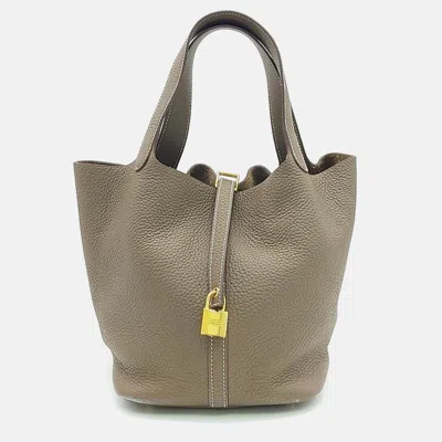 Pre-owned Hermes Rock Picotin 22 Grey Leather Bag In Gray