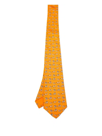 Pre-owned Hermes Rocking Horse Silk Tie In Orange