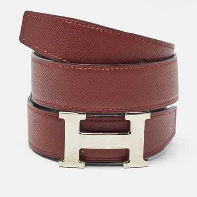 Pre-owned Hermes Rogue H/chocolat Epsom Leather H Reversible Buckle Belt 90cm In Red