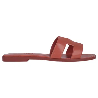 Pre-owned Hermes Rose Aube Oran Sandal Flat Slide Shoes 37.5 In Red