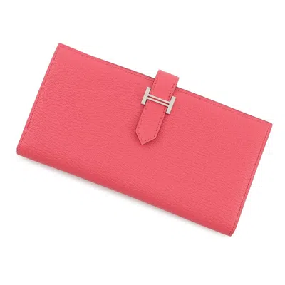 Pre-owned Hermes Rose Azalee Chevre Myzore Leather Long Wallet (bi-fold) ()