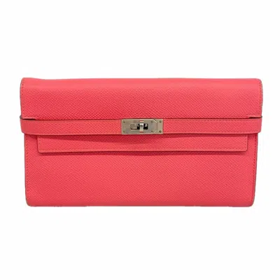 Pre-owned Hermes Rose Azalee Epsom Leather Long Wallet (bi-fold) ()