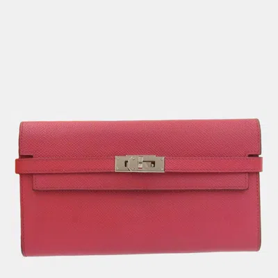 Pre-owned Hermes Rose Epson Kelly Long Wallet In Pink