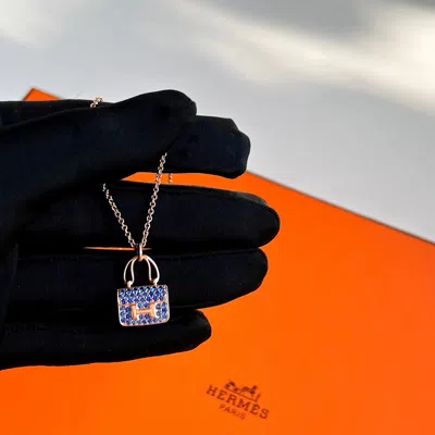 Pre-owned Hermes Constance Pendant Necklace Rose Gold Blue Sapphire Full Diamond