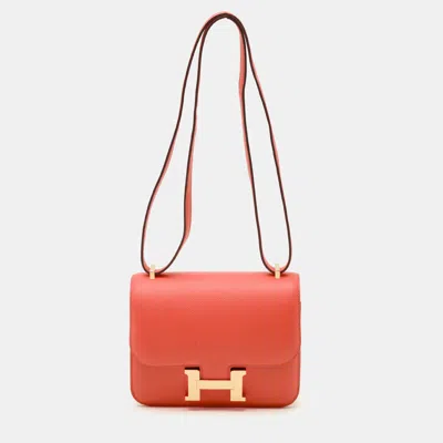 Pre-owned Hermes Hermès Rose Jaipur Epsom Leather Gold Finish Constance 18 Mini Bag In Red