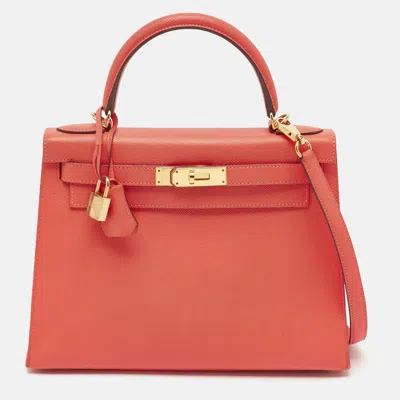 Pre-owned Hermes Rose Jaipur Epsom Leather Gold Finish Kelly Sellier 28 Bag