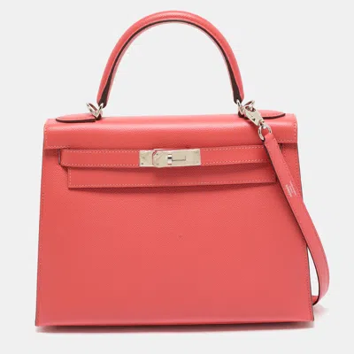 Pre-owned Hermes Rose Jaipur Epsom Leather Palladium Finish Kelly Sellier 28 Bag