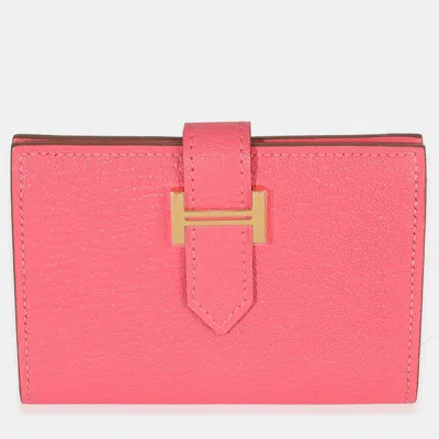 Pre-owned Hermes Rose Lipstick Chevre Mysore Bearn Wallet Ghw In Pink