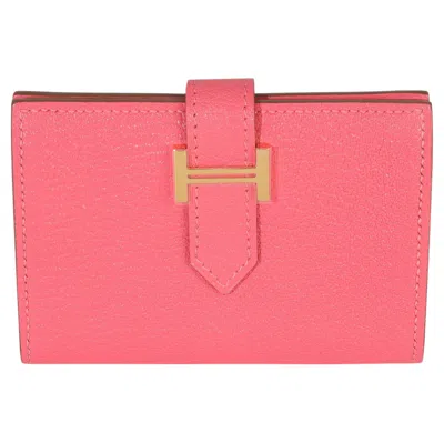 Pre-owned Hermes Hermès Rose Lipstick Chevre Mysore Bearn Wallet Ghw In Red