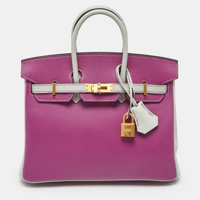 Pre-owned Hermes Rose Pourpre/gris Perle Leather Gold Finish Birkin 25 Bag In Purple