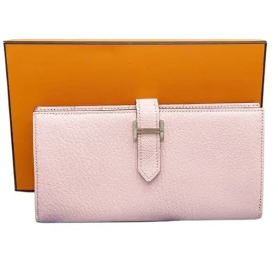 Pre-owned Hermes Rose Sakura Chevre Leather Long Wallet (bi-fold) () In Pink