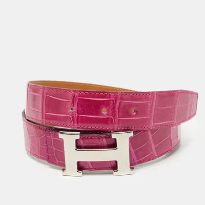 Pre-owned Hermes Rose Scheherazade Crocodile Porosus H Buckle Belt 95 Cm In Pink