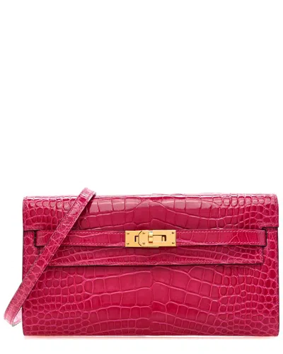 Pre-owned Hermes Hermès Rose Scheherazade Shiny Alligator Shiny Alligator Kelly Wallet To Go  (authentic )
