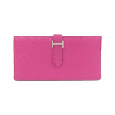 Pre-owned Hermes Rose Shocking Soufre Chevre Leather Long Wallet (bi-fold) () In Rose Shocking, Soufre