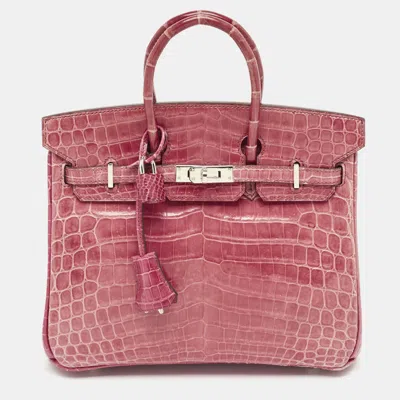 Pre-owned Hermes Rose Scheherazade Shiny Niloticus Crocodile Palladium Finish Birkin 25 Bag In Pink