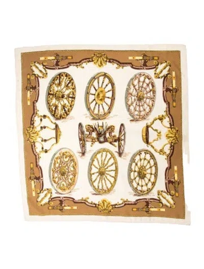 Pre-owned Hermes Roues De Canon Silk Scarf In White