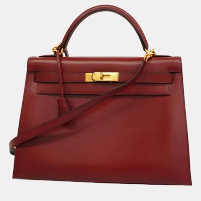 Pre-owned Hermes Rouge Ash Box Calf Kelly Engraved Handbag In Burgundy