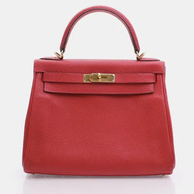 Pre-owned Hermes Rouge Casaque Clemence Kelly 28 Handbag In Red