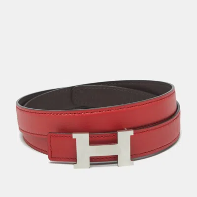 Pre-owned Hermes Rouge Casaque/chocolat Swift Leather Brushed Constance Buckle Reversible Belt 95 Cm In Red