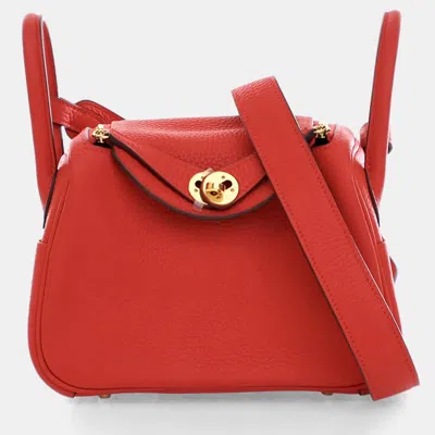 Pre-owned Hermes Rouge De Coeur Clemence Mini Lindy 20 In Red