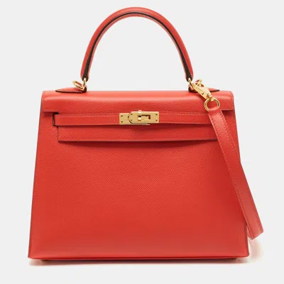 Pre-owned Hermes Rouge De Coeur Epsom Leather Gold Finish Kelly Sellier 25 Bag In Red